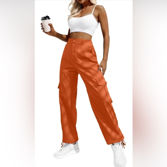 Pants - High Waisted Orange Cargo Y2K Stretchy Pants